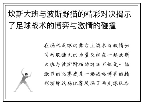 坎斯大班与波斯野猫的精彩对决揭示了足球战术的博弈与激情的碰撞