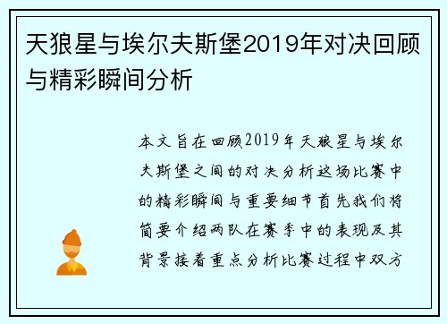 天狼星与埃尔夫斯堡2019年对决回顾与精彩瞬间分析