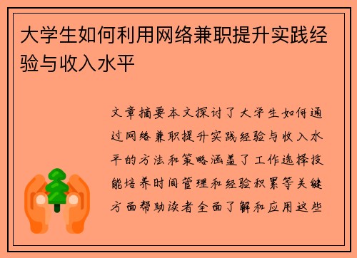 大学生如何利用网络兼职提升实践经验与收入水平