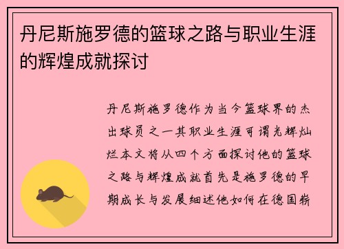 丹尼斯施罗德的篮球之路与职业生涯的辉煌成就探讨