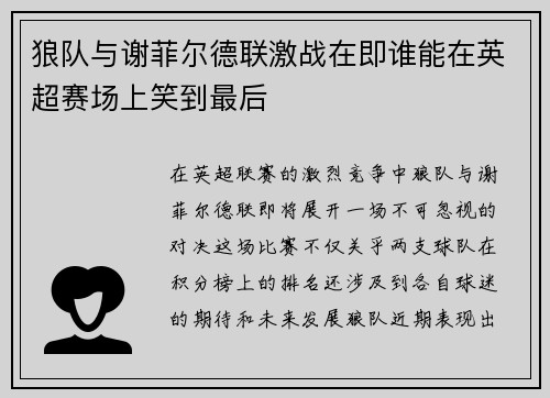 狼队与谢菲尔德联激战在即谁能在英超赛场上笑到最后