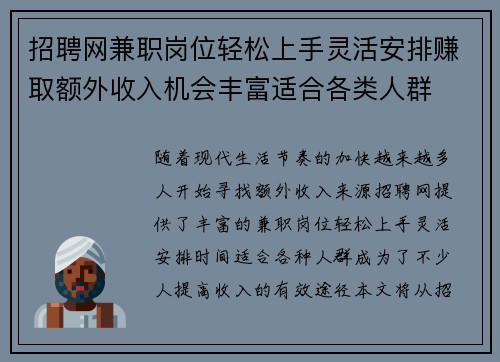 招聘网兼职岗位轻松上手灵活安排赚取额外收入机会丰富适合各类人群