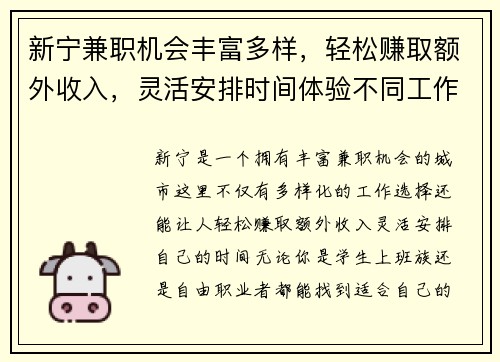 新宁兼职机会丰富多样，轻松赚取额外收入，灵活安排时间体验不同工作