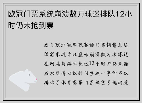 欧冠门票系统崩溃数万球迷排队12小时仍未抢到票