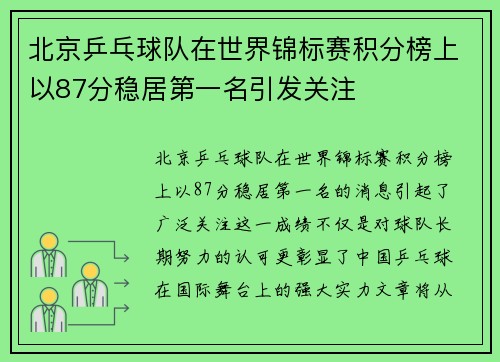 北京乒乓球队在世界锦标赛积分榜上以87分稳居第一名引发关注