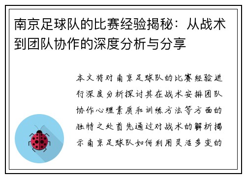 南京足球队的比赛经验揭秘：从战术到团队协作的深度分析与分享