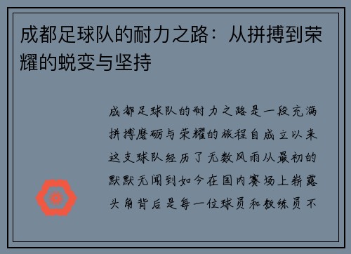 成都足球队的耐力之路：从拼搏到荣耀的蜕变与坚持