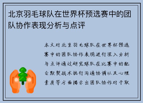 北京羽毛球队在世界杯预选赛中的团队协作表现分析与点评