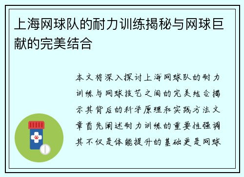 上海网球队的耐力训练揭秘与网球巨献的完美结合