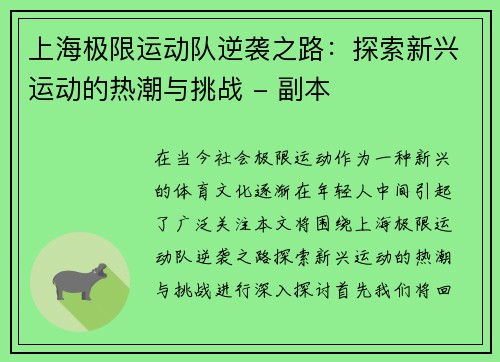 上海极限运动队逆袭之路：探索新兴运动的热潮与挑战 - 副本
