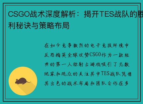 CSGO战术深度解析：揭开TES战队的胜利秘诀与策略布局