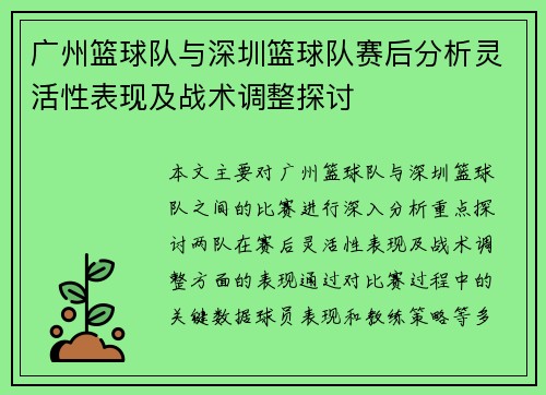 广州篮球队与深圳篮球队赛后分析灵活性表现及战术调整探讨